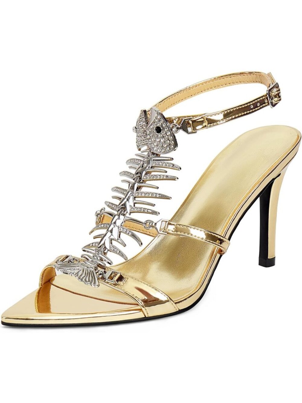 Women's Gold Faux Leather Fishbone Rhinestone Pointed Open Toe Sexy Dress Heels